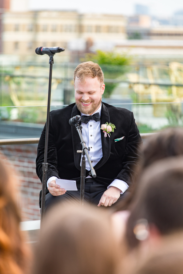 groom vows rooftop ceremony The LINE Hotel DC spring wedding - Havard Events DC Northern Virginia Wedding Planner