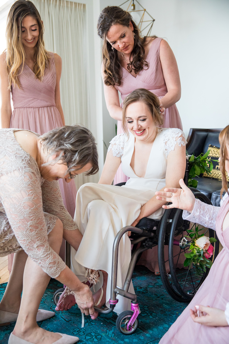 bride in wheelchair getting ready The LINE Hotel DC wedding - Havard Events DC Northern Virginia Wedding Planner