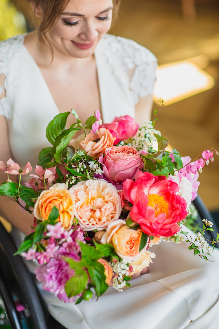 bride with colorful bouquet The LINE Hotel DC spring wedding - Havard Events DC Northern Virginia Wedding Planner