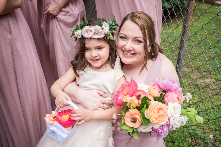 flower girl and bridesmaids blush dresses colorful flowers The LINE Hotel DC spring wedding - Havard Events DC Northern Virginia Wedding Planner