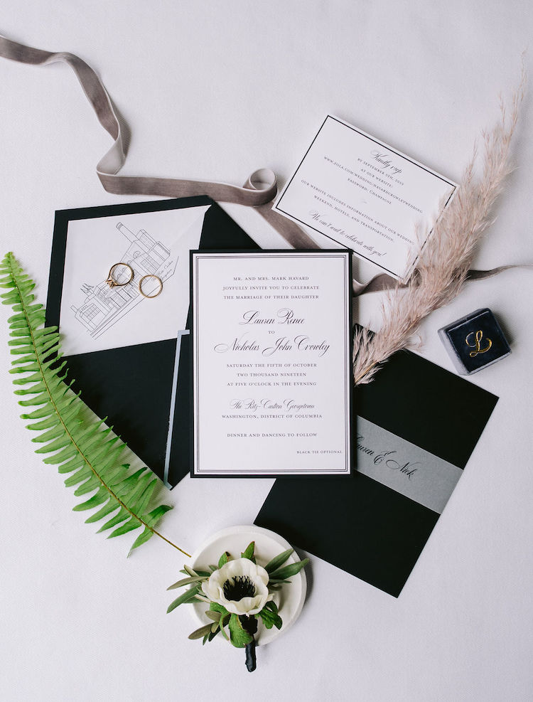 invitation stationery flat lay black and white - Georgetown DC wedding Lisa Havard Events