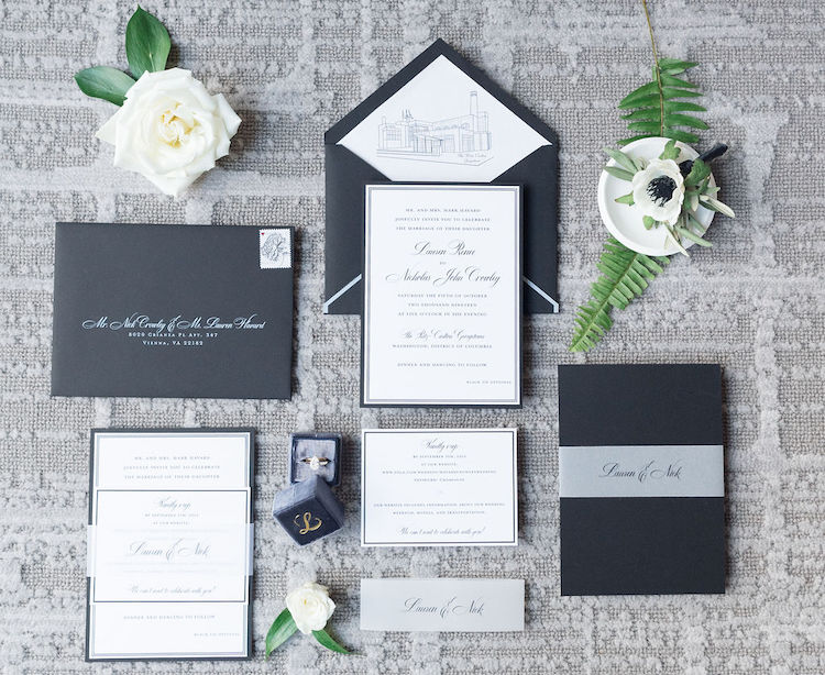 invitation stationery flat lay black and white - Georgetown DC wedding Lisa Havard Events