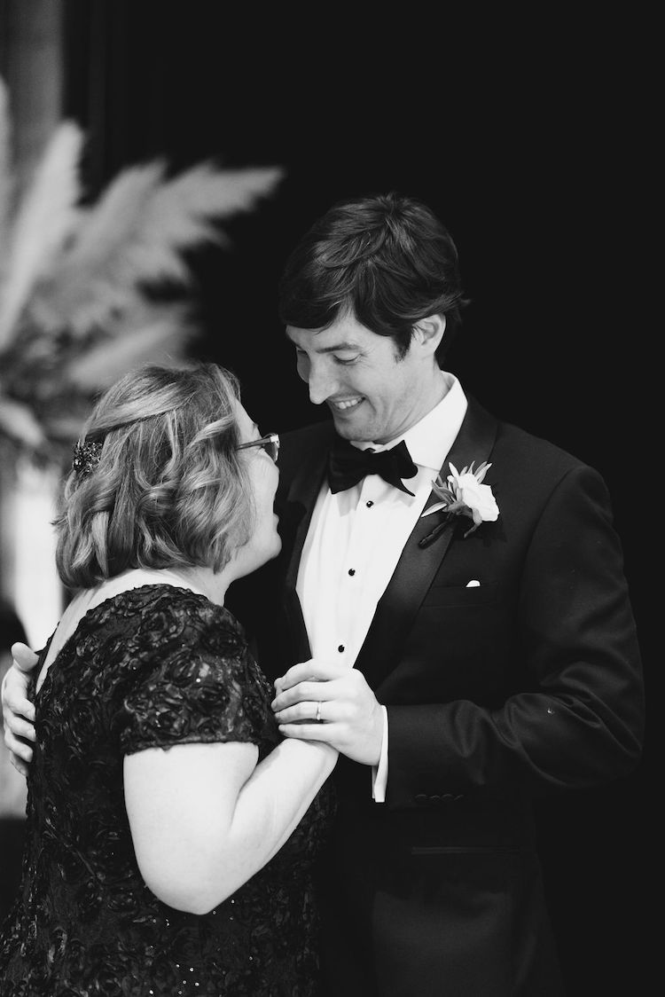 mother son dance black and white wedding reception with pampas grass Ritz Carlton Georgetown DC wedding Lisa Havard Events