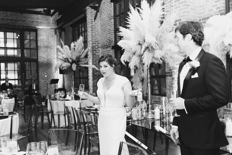 black and white wedding reception with pampas grass Ritz Carlton Georgetown DC wedding Lisa Havard Events