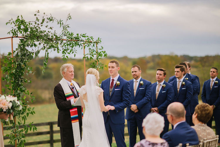 outdoor ceremony groomsmen in navy blue neutral wedding - Loudoun County wedding Lisa Havard Events