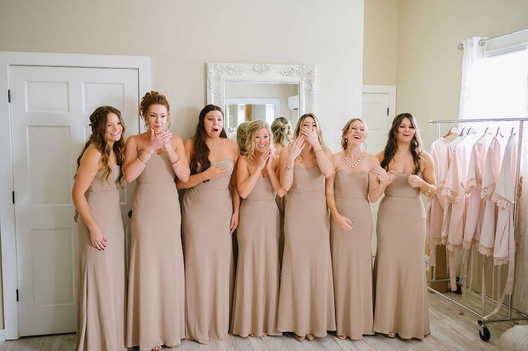 bridesmaids first look with bride taupe dresses neutral wedding - Loudoun County wedding Lisa Havard Events