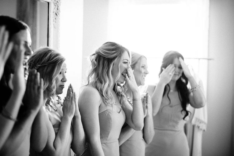 bridesmaids first look with bride taupe dresses neutral wedding - Loudoun County wedding Lisa Havard Events