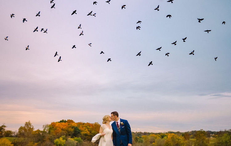 bride and groom sunset portrait with birds outdoor virginia - Loudoun County wedding Lisa Havard Events