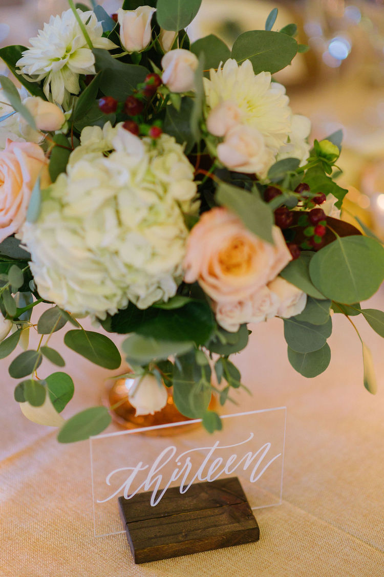 table centerpiece and clear acrylic table numbers - Loudoun County wedding Lisa Havard Events