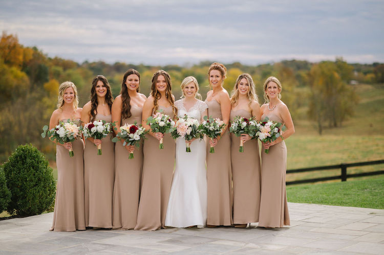 bride with bridesmaids in long taupe dresses modern neutral wedding - Loudoun County wedding Lisa Havard Events