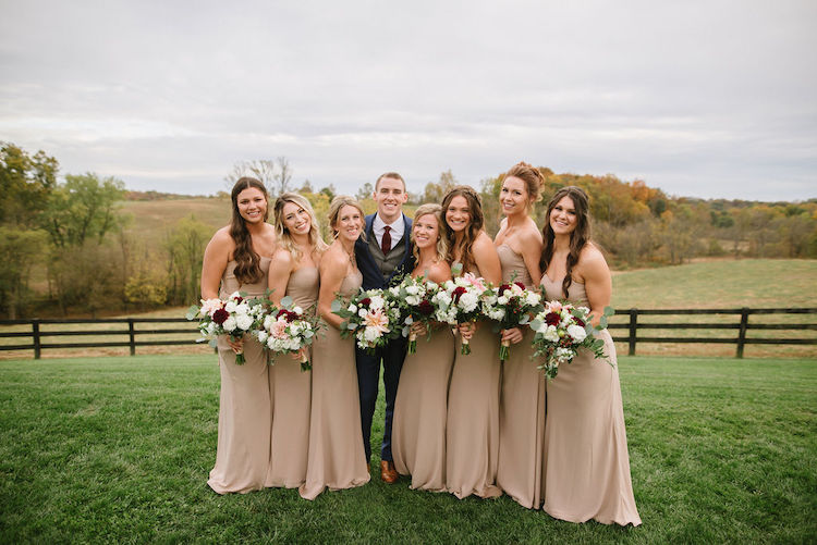 groom with bridesmaids in long taupe dresses modern neutral wedding - Loudoun County wedding Lisa Havard Events