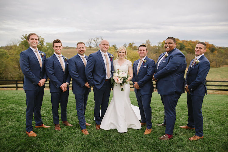 bride with groomsmen in navy modern neutral fall wedding - Loudoun County wedding Lisa Havard Events